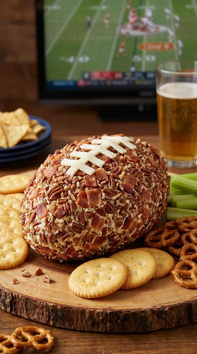 A football-shaped cheese ball coated in bacon and pecans with mozzarella laces, surrounded by crackers on a wooden board.